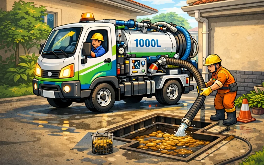 Caminhão de 1000L para limpeza de caixa de gordura para residência RJ.